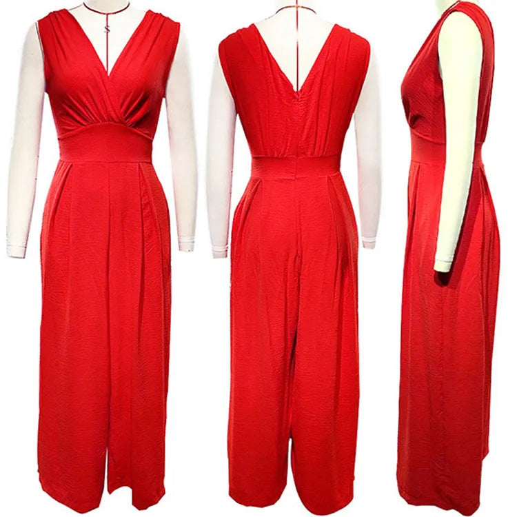Women Solid Color V-Neck Sleeveless Side Pockets Wide Leg Jumpsuit