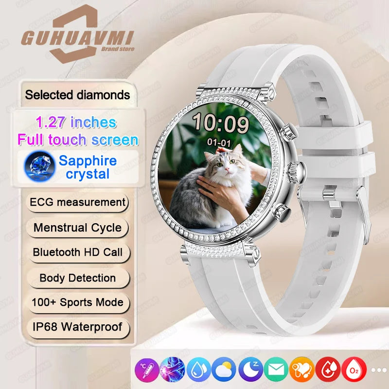 Women Diamond Smart Watch ECG Women Health tracking Watch Full Touch Screen BT Call Custom dial Smartwatch Compatible with Huawei & Xiaomi IOS