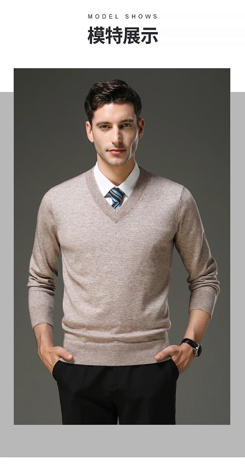 Men's Warm V-Neck Solid Colour Sweater, Autumn & Winter Stretch Top, Daily Leisure Pullover Knitwear, Male Business Casual