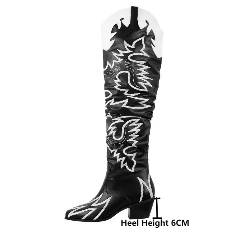 Woman Knee High Boots Western Cowboy Boots Wide Calf Embroidered Women Pointed Toe Block Heel Pull-On Cowgirl Boots