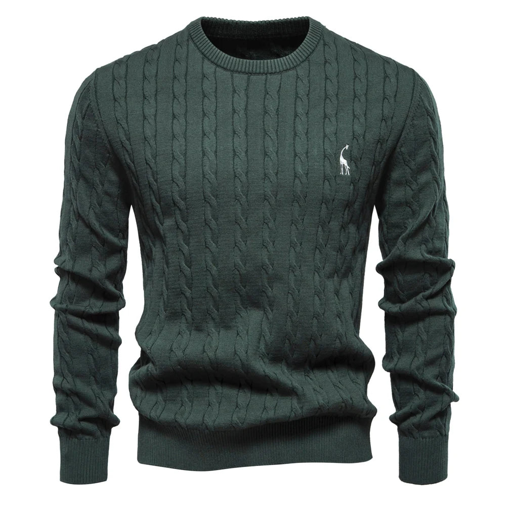 Men's Giraffe Embroidery Cotton Sweaters Round Neck Classic Twist Patterned Pullover Knitted Sweater for Men