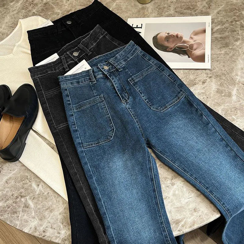 New Women's High Waist Washed Jeans Korean Style Pockets Slim Denim Flared Pants Ladies Vintage Stretch Classic Jean Trousers