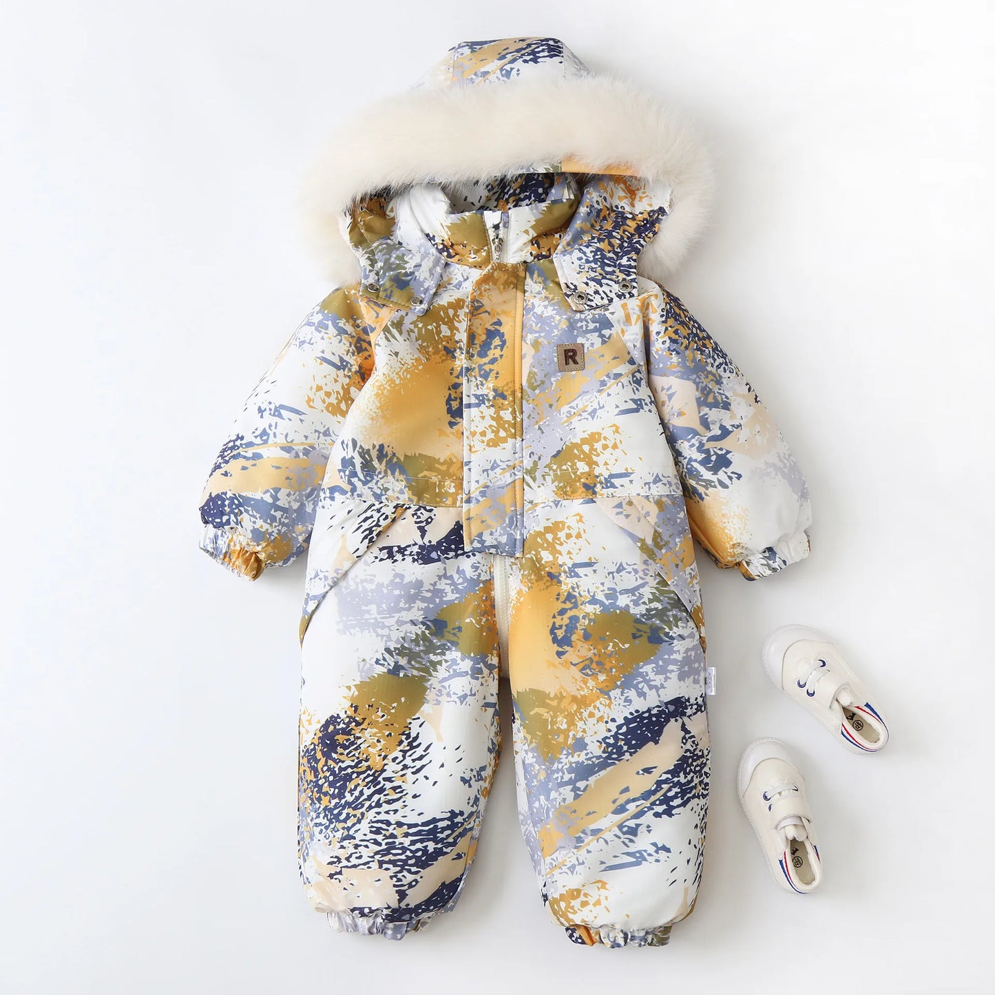 Unisex Children's Snowboard Winter Warm Clothing Snow Suit Floral Printed Fur Lining Hooded Snowboard Coats For Kids