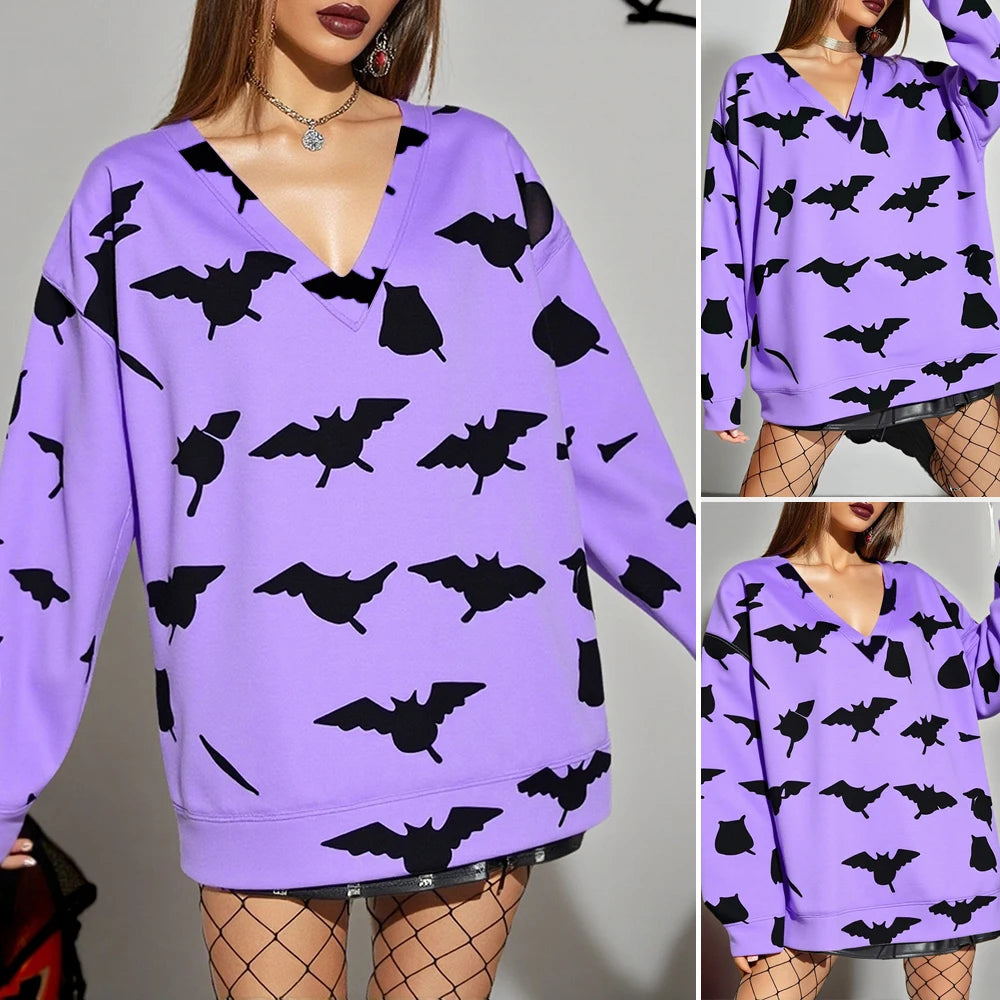 Autumn Winter Hoodies 2025 Women's Punk Bat Print Long Sleeve V-Neck Comfortable Loose Fit Halloween Hoodies