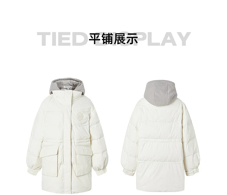 Women's Faux Two-Piece Mid-Length Puffer Jacket With Cosy Polar Fleece Lining, Hooded Warmth Loose Duck Down Coats For Ladies