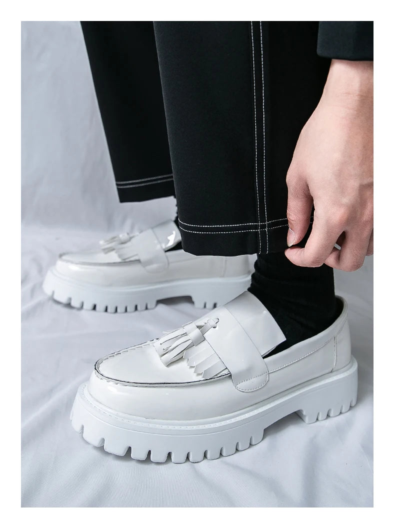 Fashion Men Tassels Loafers Thick Bottom Male Height Increasing Walking Shoes All White Wedding Shoes