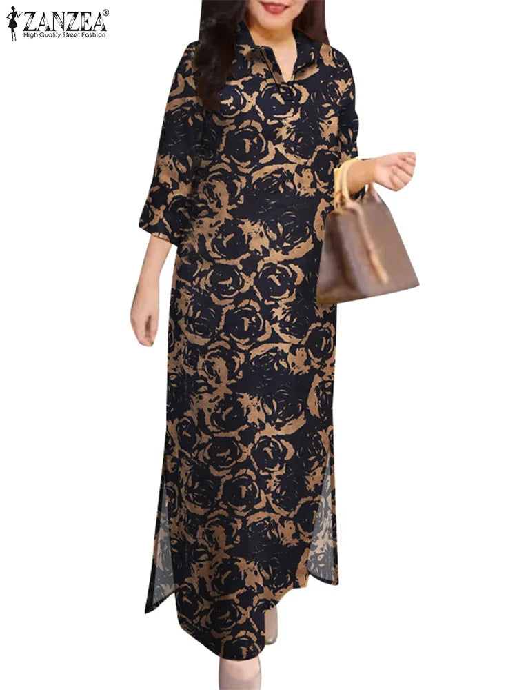 Floral Print Casual Long Vestidos Pure Cotton Vintage Slit Hem Autumn Shirtdress 3/4 Sleeve Women Vacation Maxi Dress