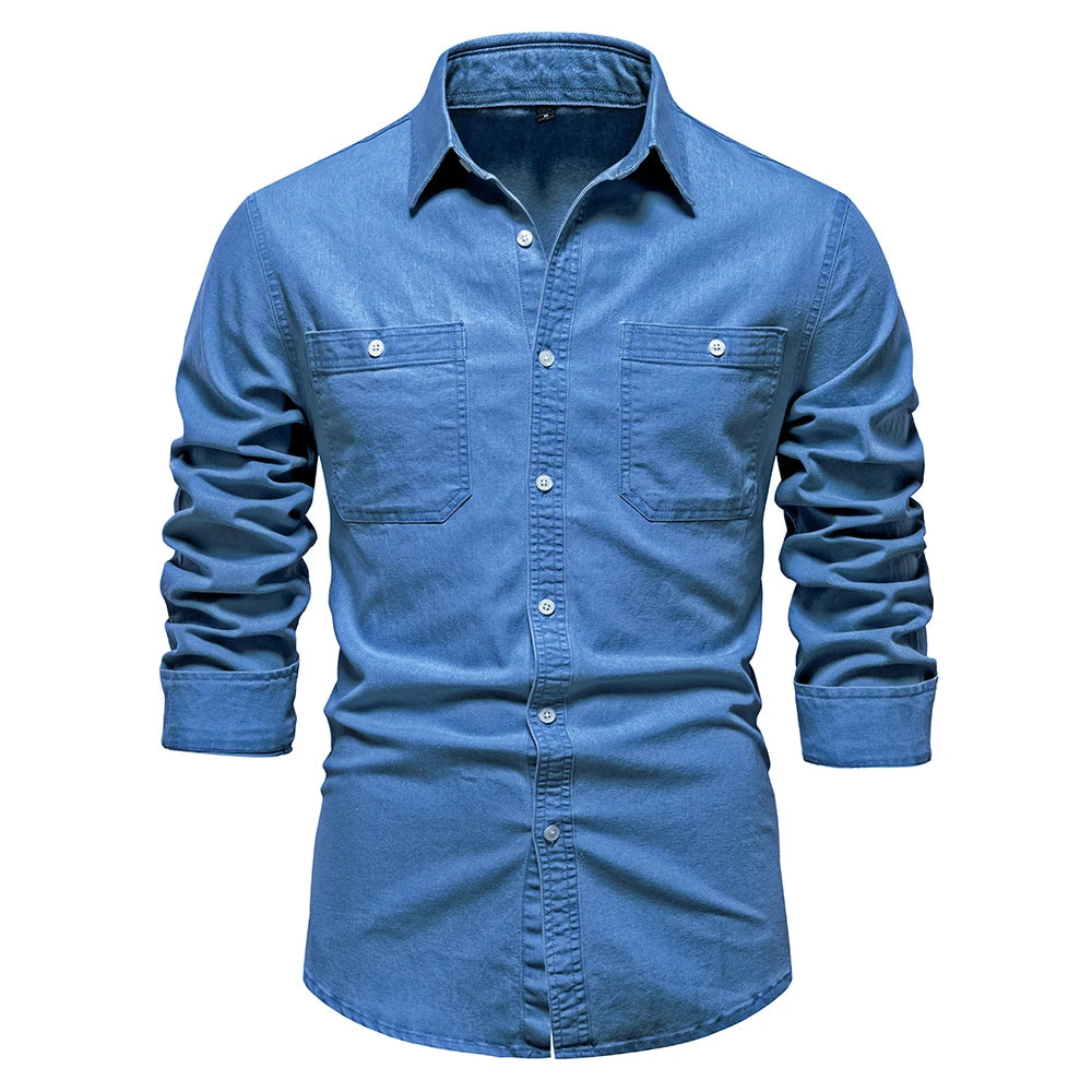 Men's Autumn Cotton Denim Shirt Solid Colour Single Pocket Casual Long Sleeve Jeans Shirt for Men