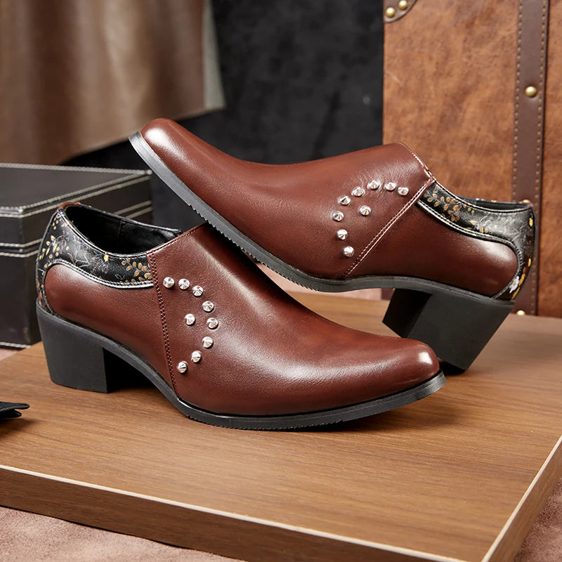 Retro Men European Fashionable Rivet Oxfords Dress Shoes High Heel Male Party Dressing Shoes Height Increasing Zipper Shoe