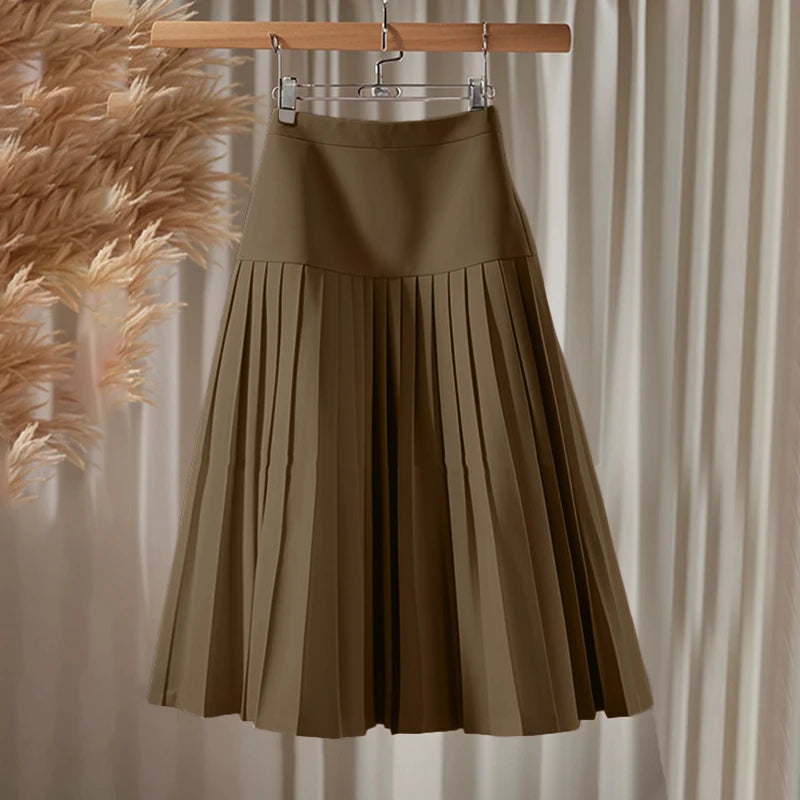 Elegant A-Line Pleated Skirts Women Fashion High Waist Patchwork Midi Faldas Mujer Office Commuting Solid Jupes Femme