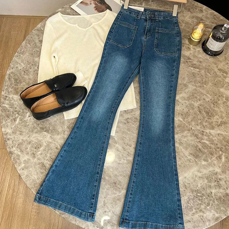 New Women's High Waist Washed Jeans Korean Style Pockets Slim Denim Flared Pants Ladies Vintage Stretch Classic Jean Trousers