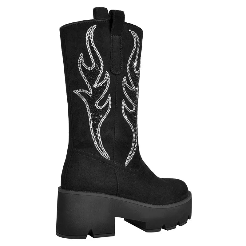 Women Platform Mid Calf Boots Black Chunky High Heels Big Size Lady Short Booties