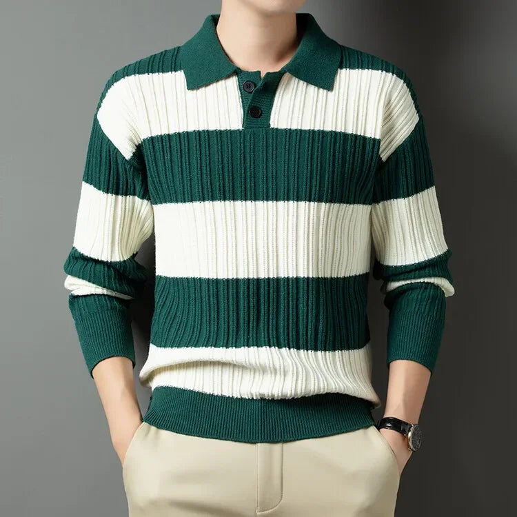 Men's Polo Shirt Luxury Pullover Sweater Fashion Thick Warm Sweater Striped Casual T-shirt, Male Top Loose Knitwear