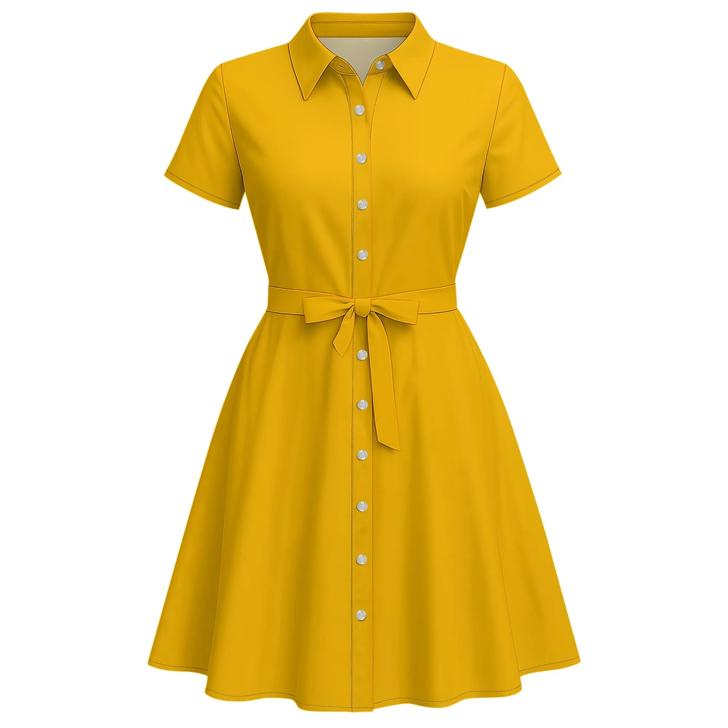 Women's Fashion Button Up Split Dresses Short Sleeve Casual Solid Color Midi Dress A-Line Swing Dresses with Belt
