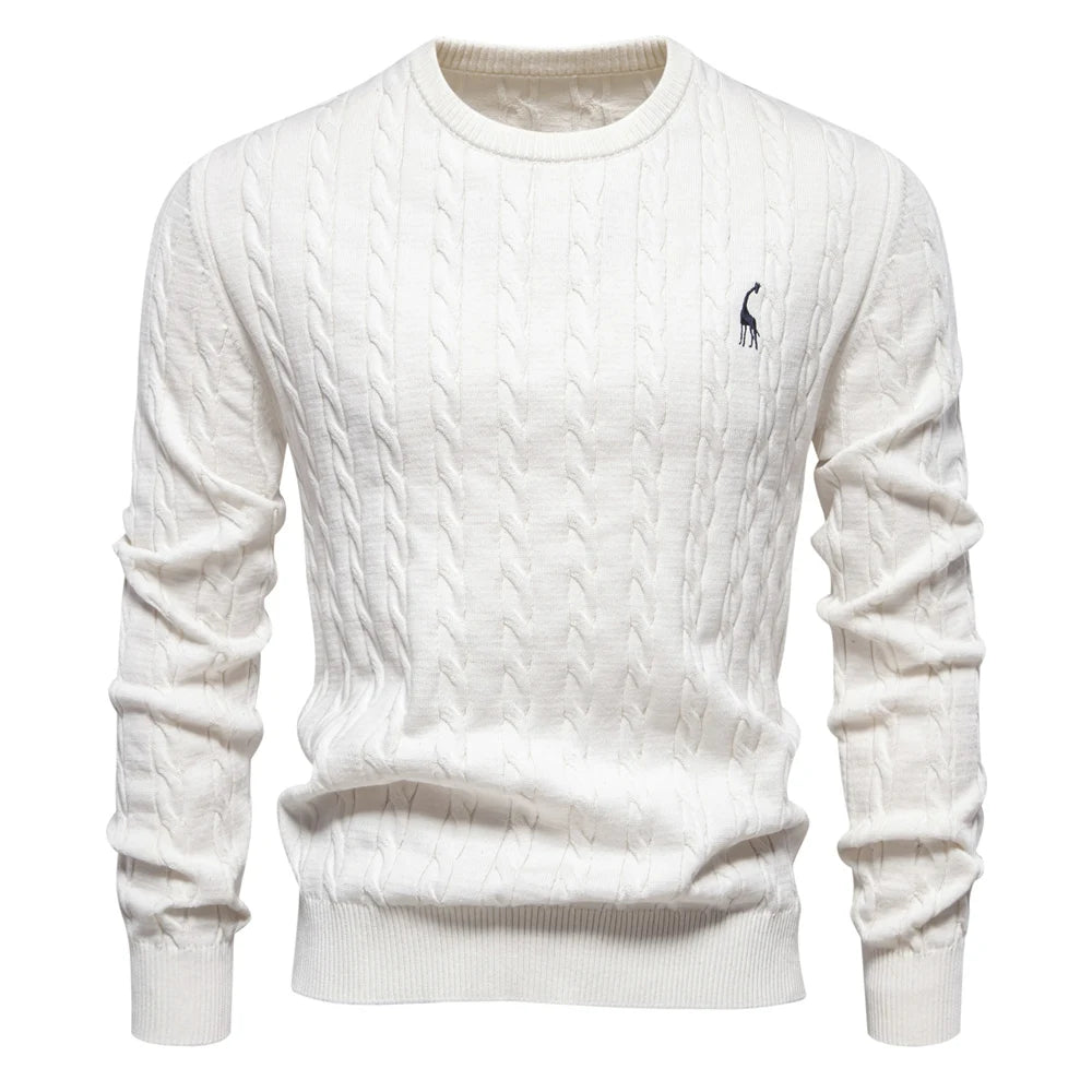 Men's Giraffe Embroidery Cotton Sweaters Round Neck Classic Twist Patterned Pullover Knitted Sweater for Men
