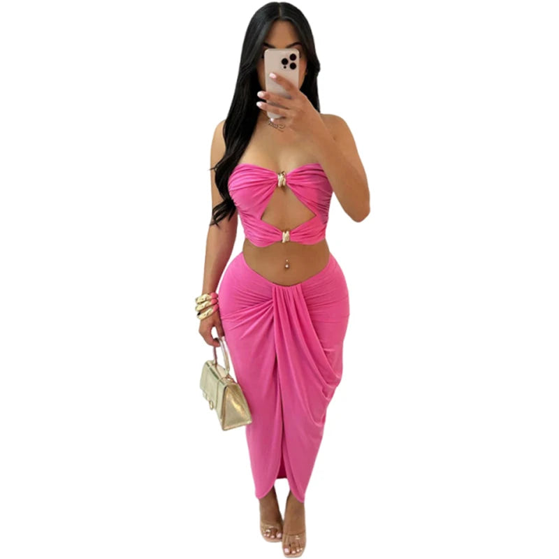 Metal Buckle Hollow 2 Piece Set Women Y2K Solid Ruche Tube Tops + Irregular Split Maxi Skirt Matching Clubwear Outfits