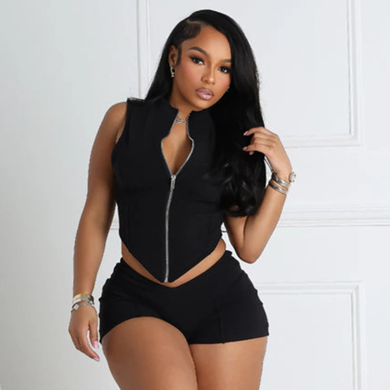 Lines Patchwork 2 Piece Set Women Zipper Cardigan Irregular Crop Top + Skinny Peach Hip Shorts Simple Sporty Street Wears