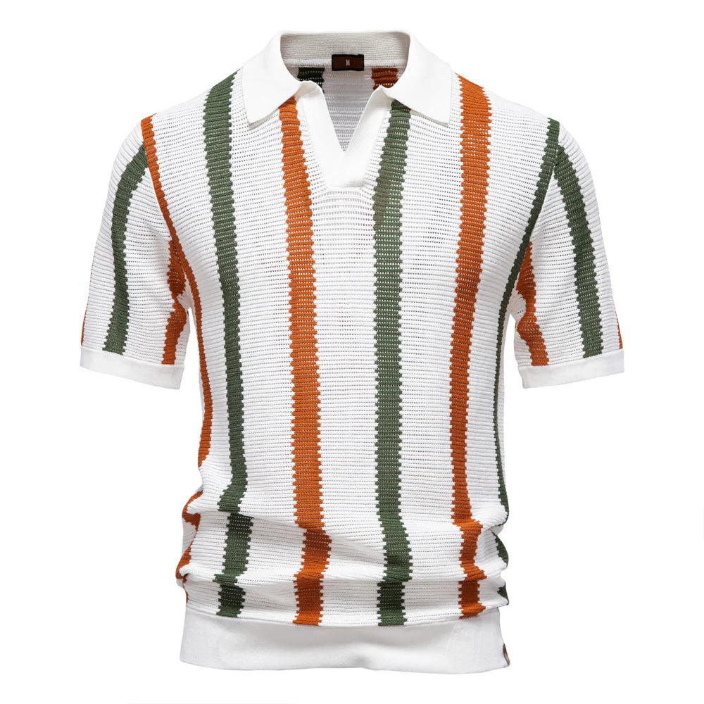 Men's Ribbed Knit Polo Shirt For Breathable Striped Casual Wear with Comfortable Collar High quality Male Polo Shirt
