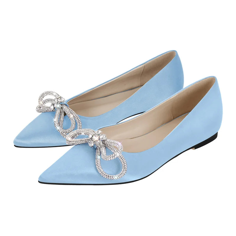 Woman Flats Pointed Toe Blue Rhinestones Bow Clear Flat Daily Elegant Female Slip On Shoes