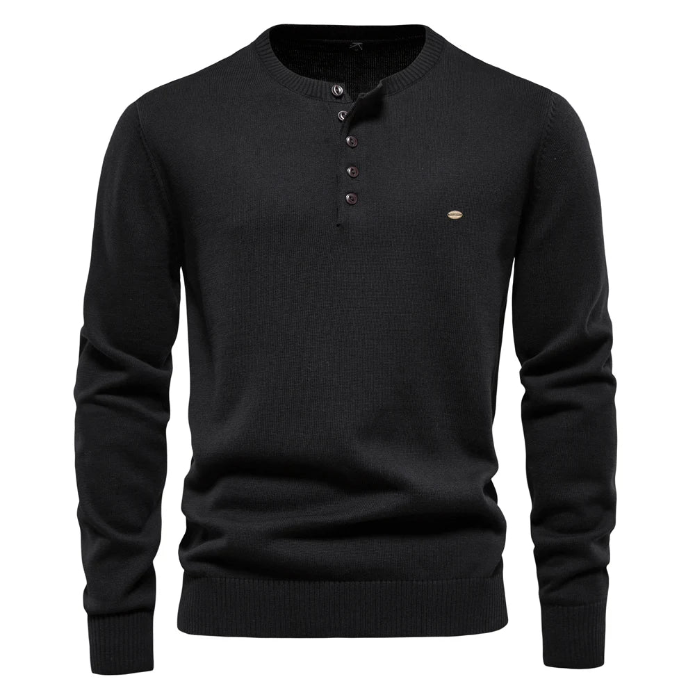 Men's Henley Collar Sweaters 100% Cotton Solid Colour Casual Pullovers Autumn Thin High Quality Sweaters for Men