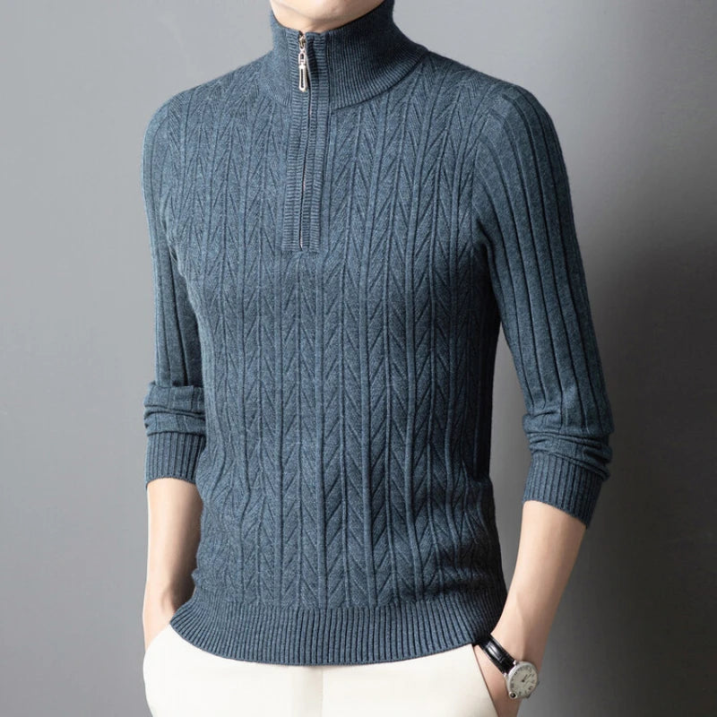 Men's High-Quality Semi-High-Neck, Business Casual Warm Sweater, Stretchy Striped Male Pullover Sizes M-4XL