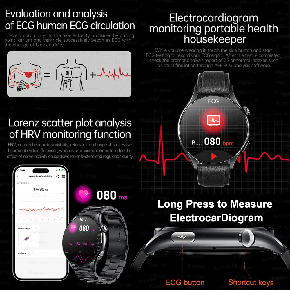 2025 Nieuw Smart Watch NFC ECG+PPG Bloedzuurstof Urinezuur Bloeddruk Saffier Smartwatch Heren - Compatibel met Samsung Galaxy, Xiaomi en Huawei IOS