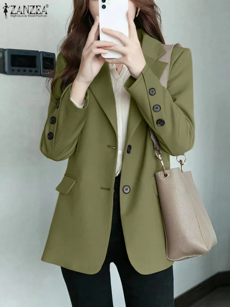 Women's Casual Blazer Elegant Office Lady Long Sleeve Lapel Neck Suit Jackets 2025 Korean Fashion Solid Commute Outerwear