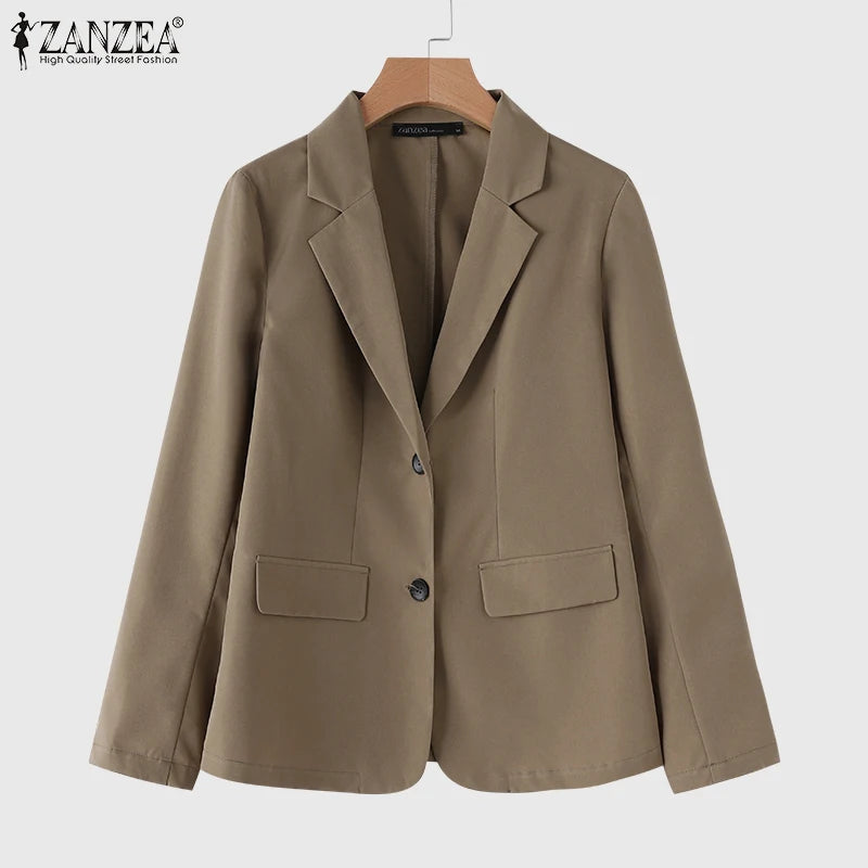 Women's Casual Blazer Elegant Office Lady Long Sleeve Lapel Neck Suit Jackets 2025 Korean Fashion Solid Commute Outerwear