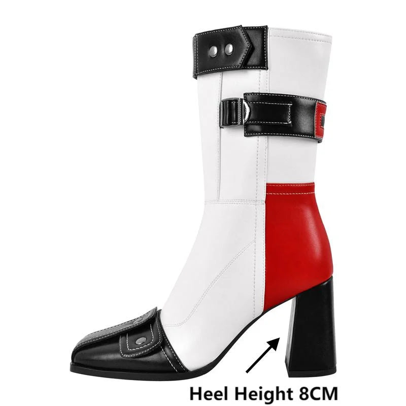 Square Toe Patchwork Buckle Belt Ankle Boots Fashion Side Zipper Boots