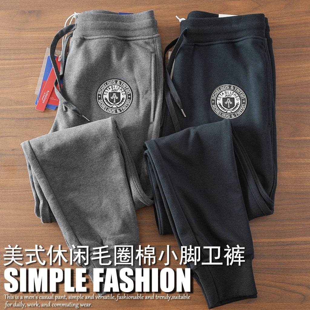 Spring New American Retro Terry Cloth Letter Embroidery Sweatpants Men's Simple Washed Drawstring Casual Sports Ankle-tied Pants