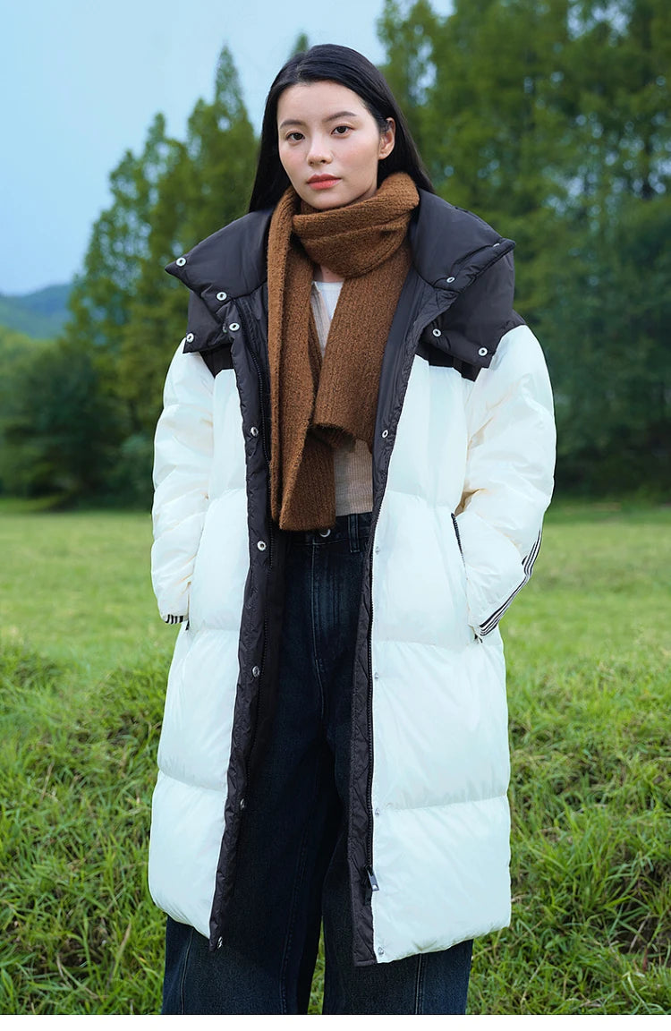 Women's Knee-Length Padded Coat With Detachable Hood, Stylish Colour-Blocking Windproof, Warm Duck Down Jacket For ladies