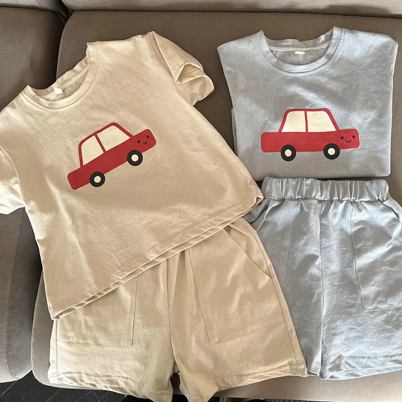 New Summer Kids Clothes Suit Children Cute Cartoon Car T-shirt + Shorts Boys Thin Style 2PCS Outfit 1-4Y Unisex