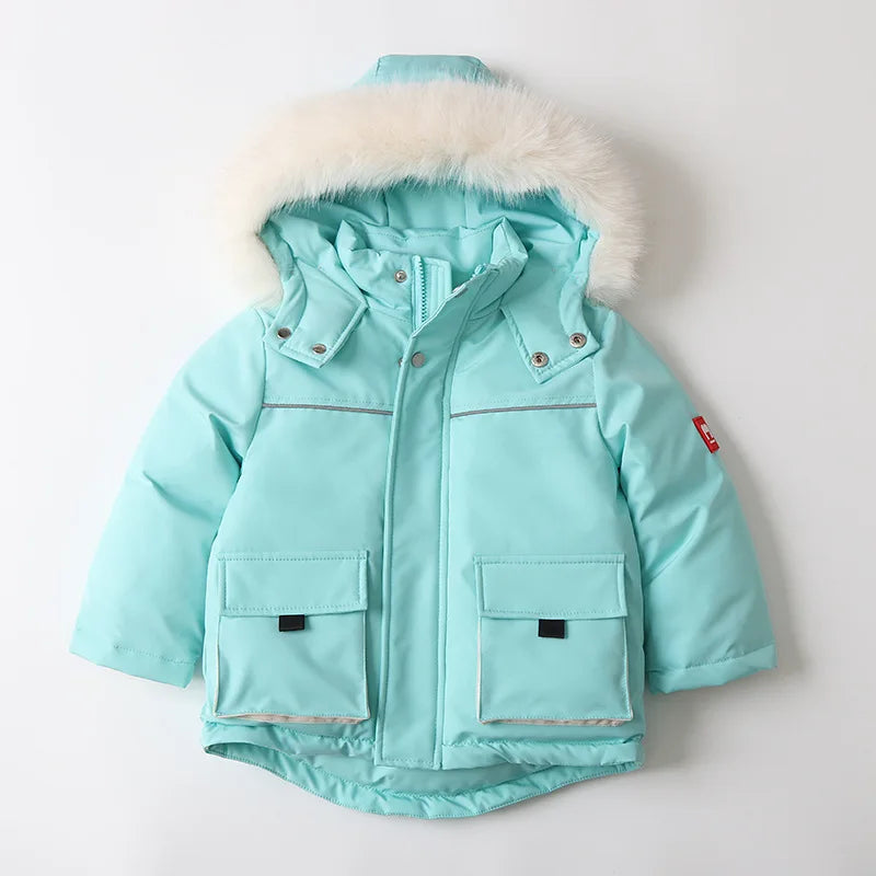 Unisex 2Pcs Winter Warm Children's Ski Clothes Set Thicken Fur Lining Hooded Coats & Overalls Set Snowsuit For Kids 2-5Y