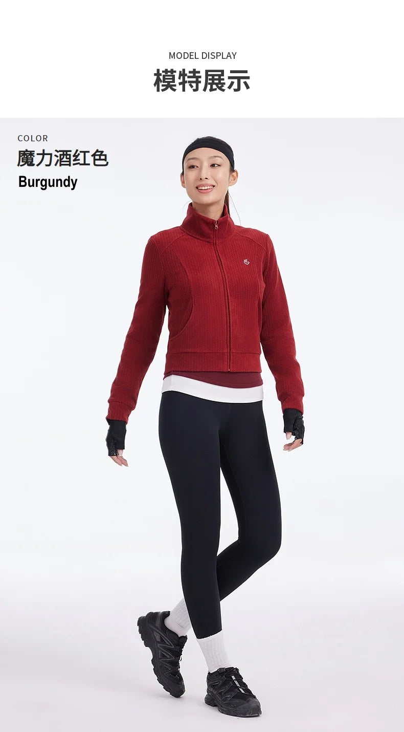 Women's Stand Collar Thermal Polar Fleece Jacket, Integrated Seam Pocket, Silver-Thread Embroidery Short Coats For Ladies