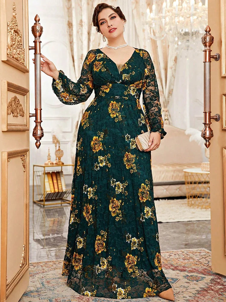 Spring Summer Lace Mesh Floral Print Lantern Sleeve Women Clothing 2024 New Plus Size Luxury Elegant Party Evening Dress