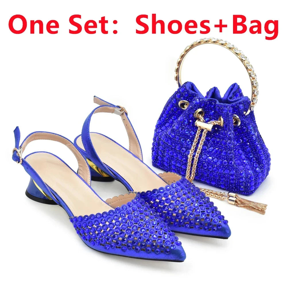 Italian Shoes with Matching Bags Set Rhinestone-Decorated with Medium Heels for African Ladies' Party Pumps