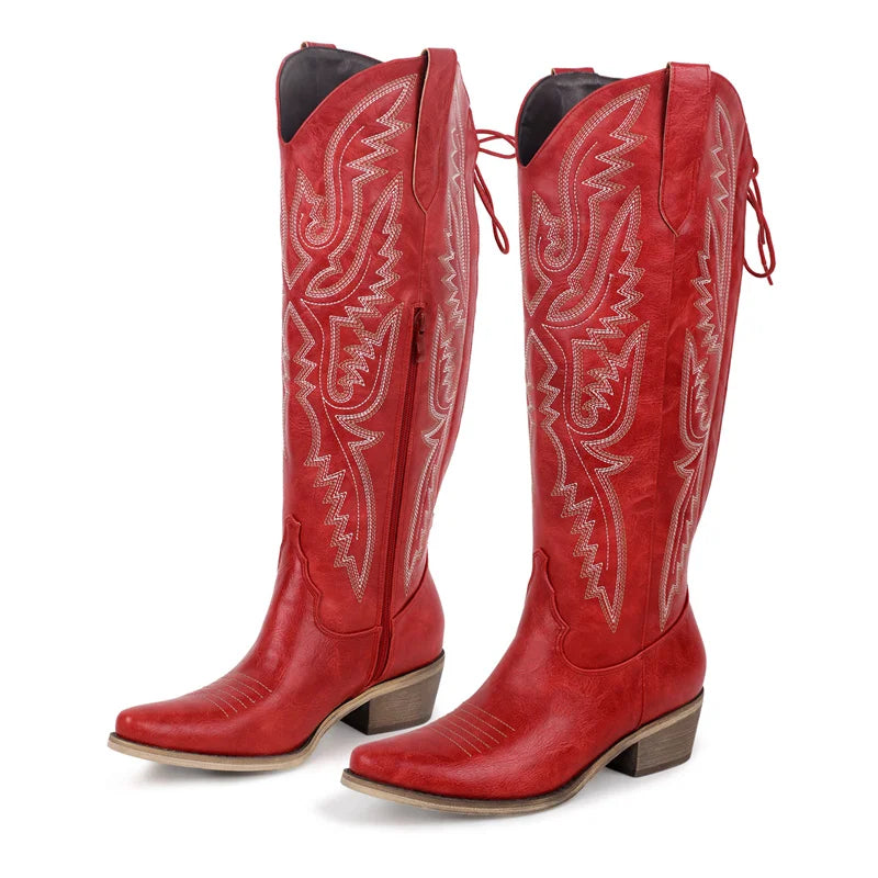 Women Pointed Toe Side Zipper Embroidered Western Cowboy Boots Block Heel Cowgirl Booties