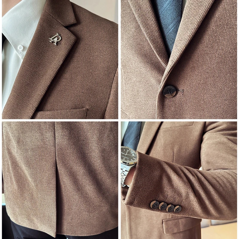 Men's Thickened High-Quality Daily Work Formal Single-Breasted Woollen Coat with Dark Stripe for Autumn and Winter Size S-4XL