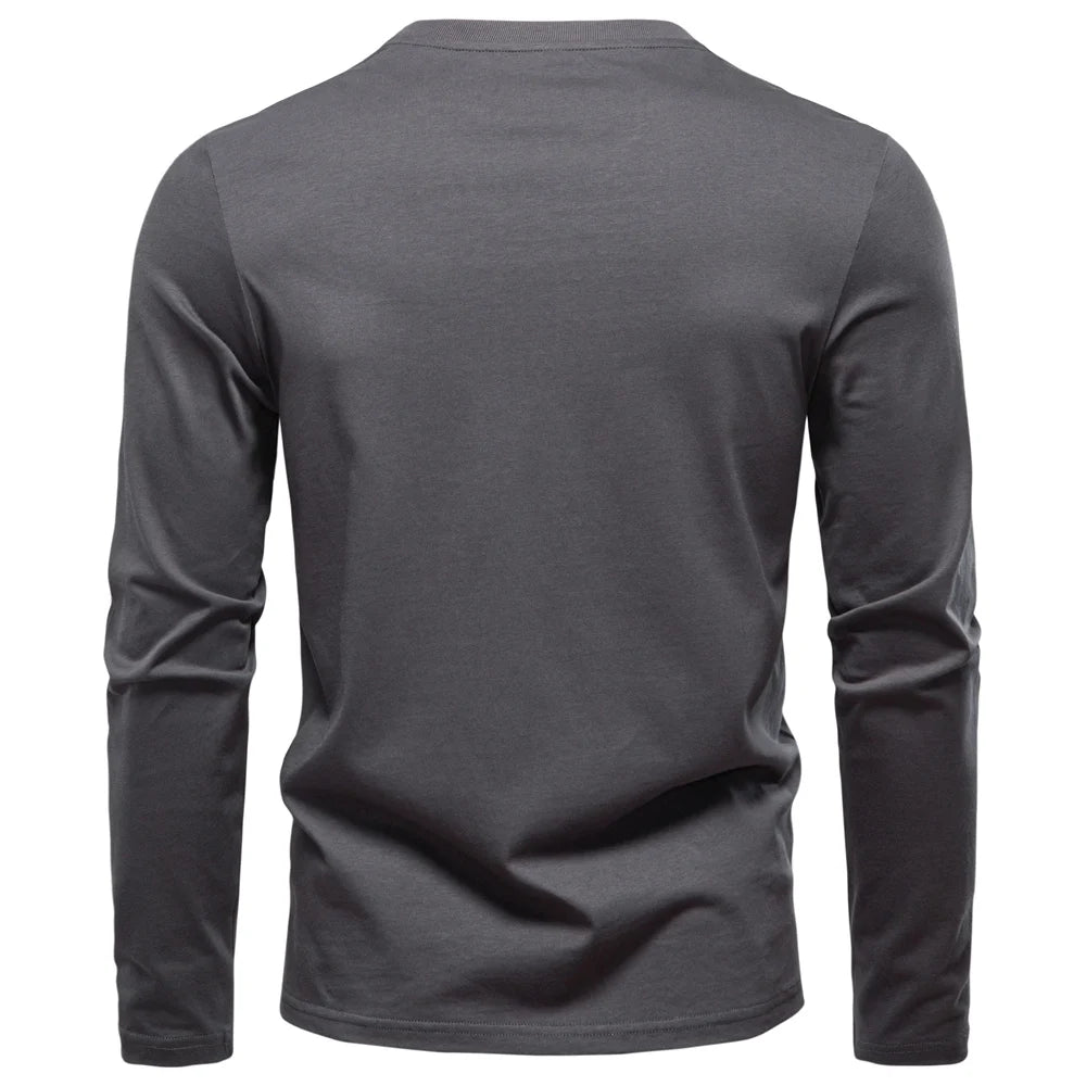 Men's High Quality Long Sleeve T-Shirt Fashion Pure Cotton Henley Collar Long Male T-Shirt