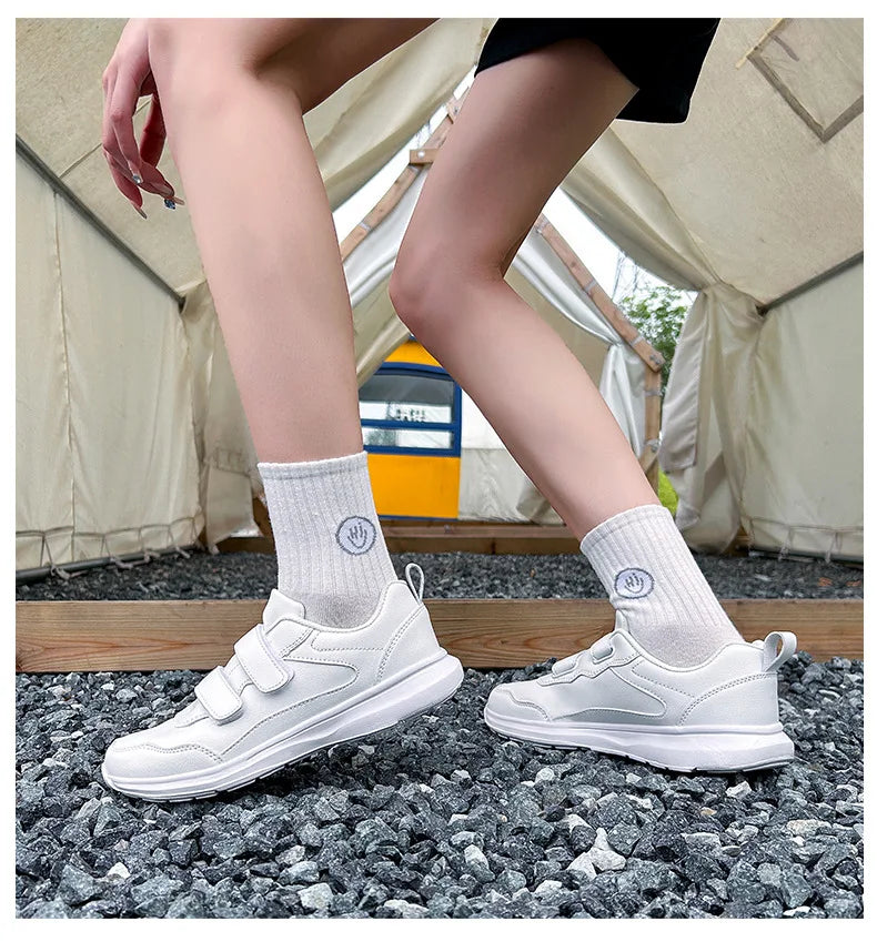 Student Sneakers Unisex White Shoes Magic Buckles Lightweight Couple Shoes for Sports School Dance Running