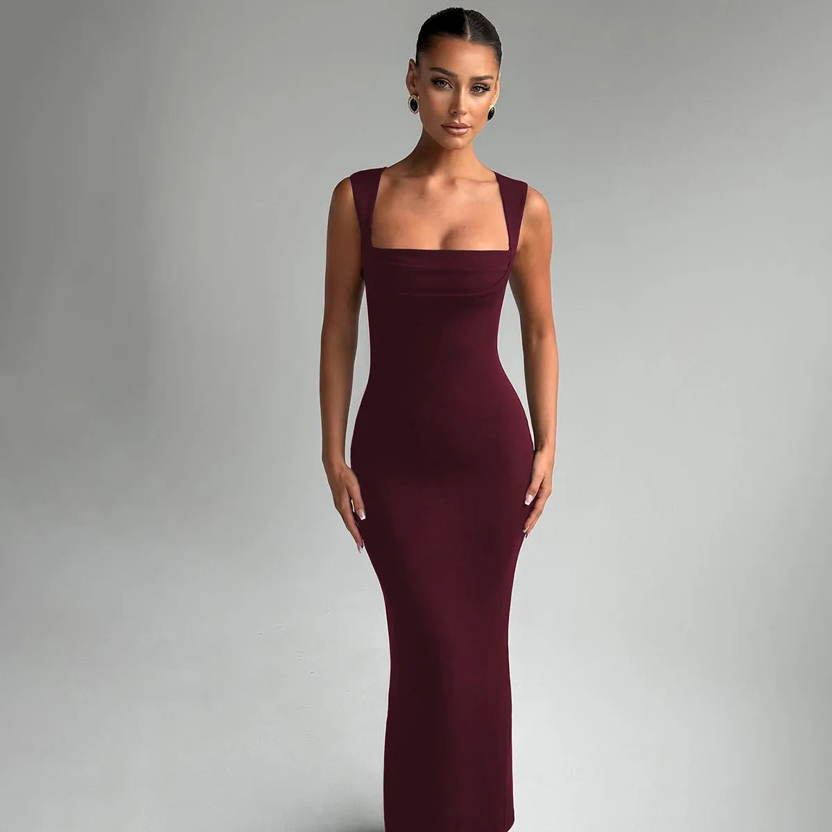 Square Neck Elegant Maxi Dress Club Party Outfits Solid Sexy Sleeveless Birthday Evening Bodycon Dresses Gown