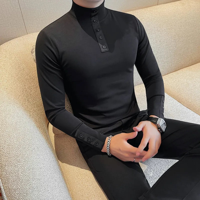 Men's High Quality Long Sleeve T-shirt For Autumn & Winter, Half-High Collar, Solid Colour Top. Collar Button Polo, Suitable As Business Casual