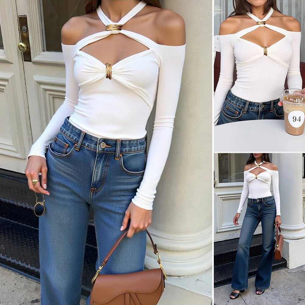 Women's 2025 Autumn Sexy Solid Colour Long Sleeve Halter Neck Cut-Out Daily Basic Sweet Dating T-Shirts
