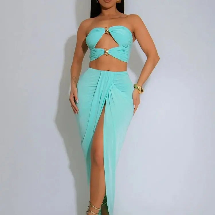 Metal Buckle Hollow 2 Piece Set Women Y2K Solid Ruche Tube Tops + Irregular Split Maxi Skirt Matching Clubwear Outfits