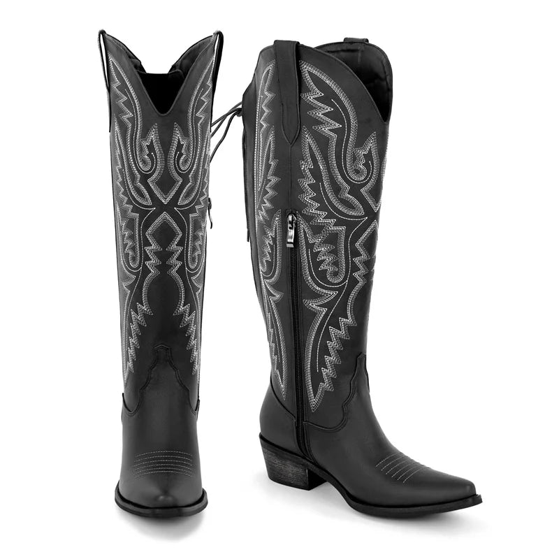 Women Pointed Toe Side Zipper Embroidered Western Cowboy Boots Block Heel Cowgirl Booties