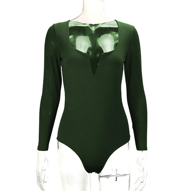 Sexy V-Neck Skinny Jumpsuit Women Simple Comfortable Solid Color Long Sleeves Jumpsuit Daily Commuter Bottoming Shirt Jumpsuit