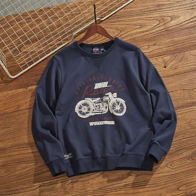 Herfst Nieuwe Amerikaanse Retro 450g Dikke Fluwelen Motorfiets Bedrukte Sweatshirts Heren Eenvoudige Gewassen Jeugd Casual Pullover Sportkleding