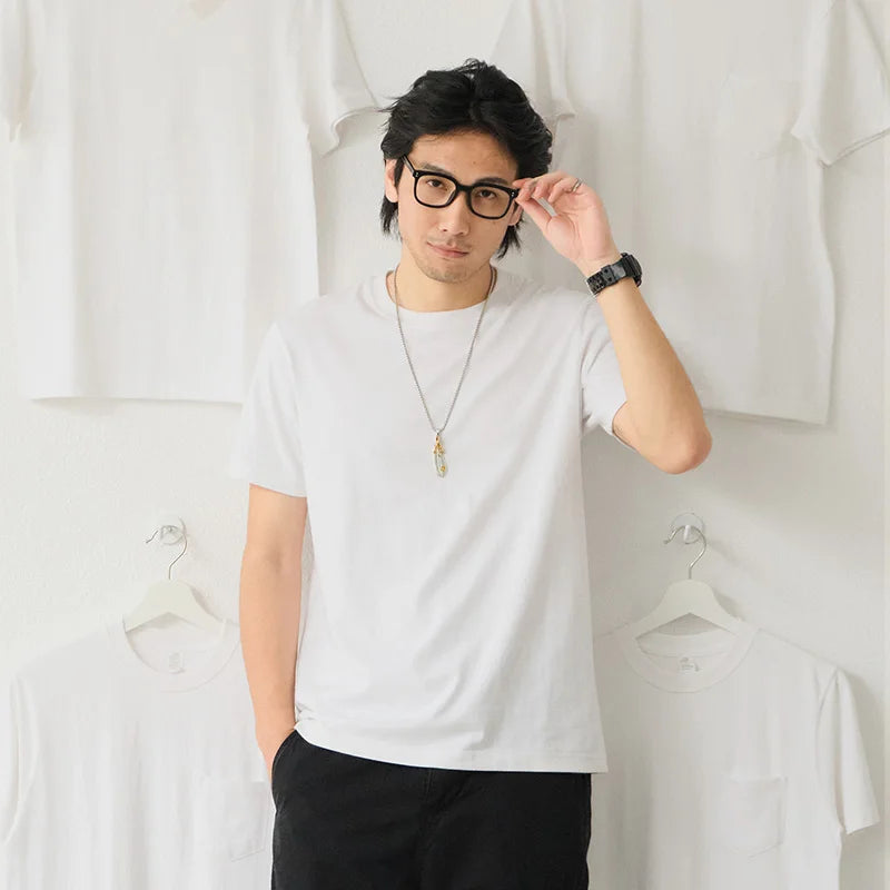2025 Summer New American Retro 245G Short Sleeve O-neck Solid Color T-shirt Men's Fashion Simple 100% Cotton Washed Casual Tops