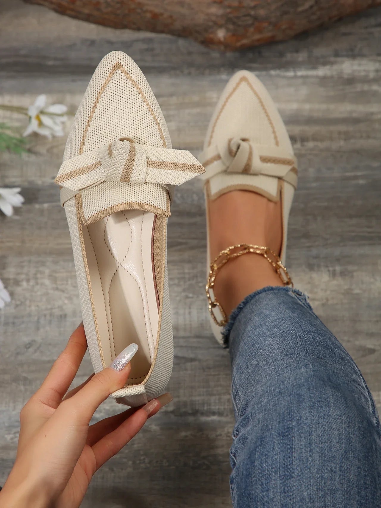 Women's Spring and Autumn Outfit Pointed Flat Breathable Casual Knot Shoes Women's Blue Pregnant Women's Low Heel Moon Shoes