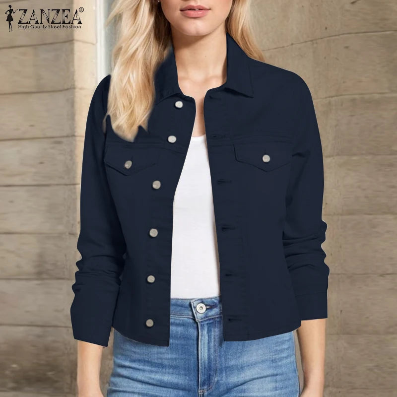 Women Daily Outerwear Long Sleeve Work Wear Casual Solid Colour Coats Button Up 2025 Spring Turn-down Collar Thin Jackets